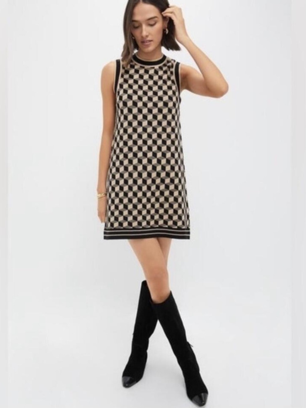 Camila Coelho Women's Geometric Print Sleeveless Mini Dress Size XS Fall Neutral